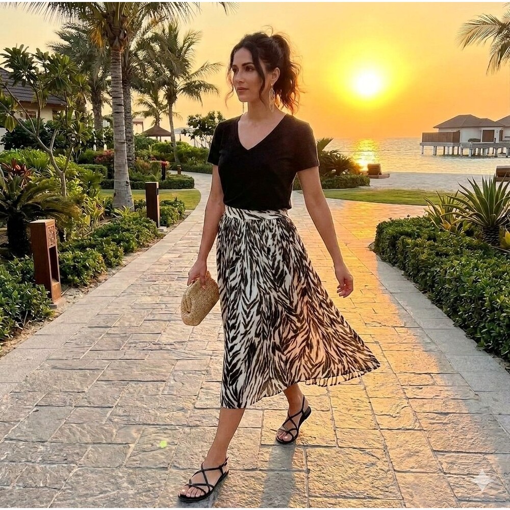 Talbots Lined  Pleated Animal Print Lightweight 100% Cotton Midi Skirt Size 12